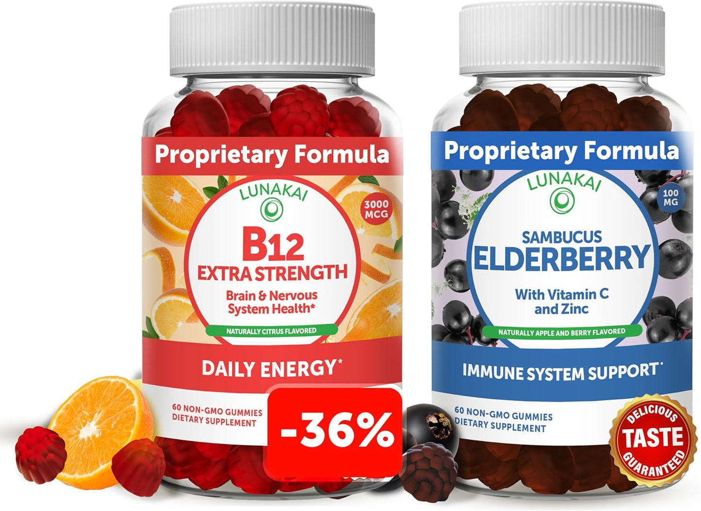 Vitamin B12 and Elderberry Gummies Bundle - Immune Support with Zinc and Vitamin C for Energy and Bone Health - 3000 mcg Gummy Supplement for Adults