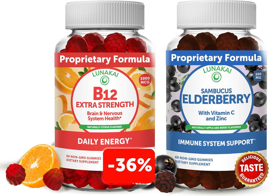 Vitamin B12 and Elderberry Gummies Bundle - Immune Support with Zinc and Vitamin C for Energy and Bone Health - 3000 mcg Gummy Supplement for Adults