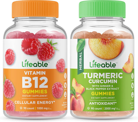 Vitamin B12 and Turmeric Curcumin Gummies Bundle - Gluten-Free Chewable Supplements
