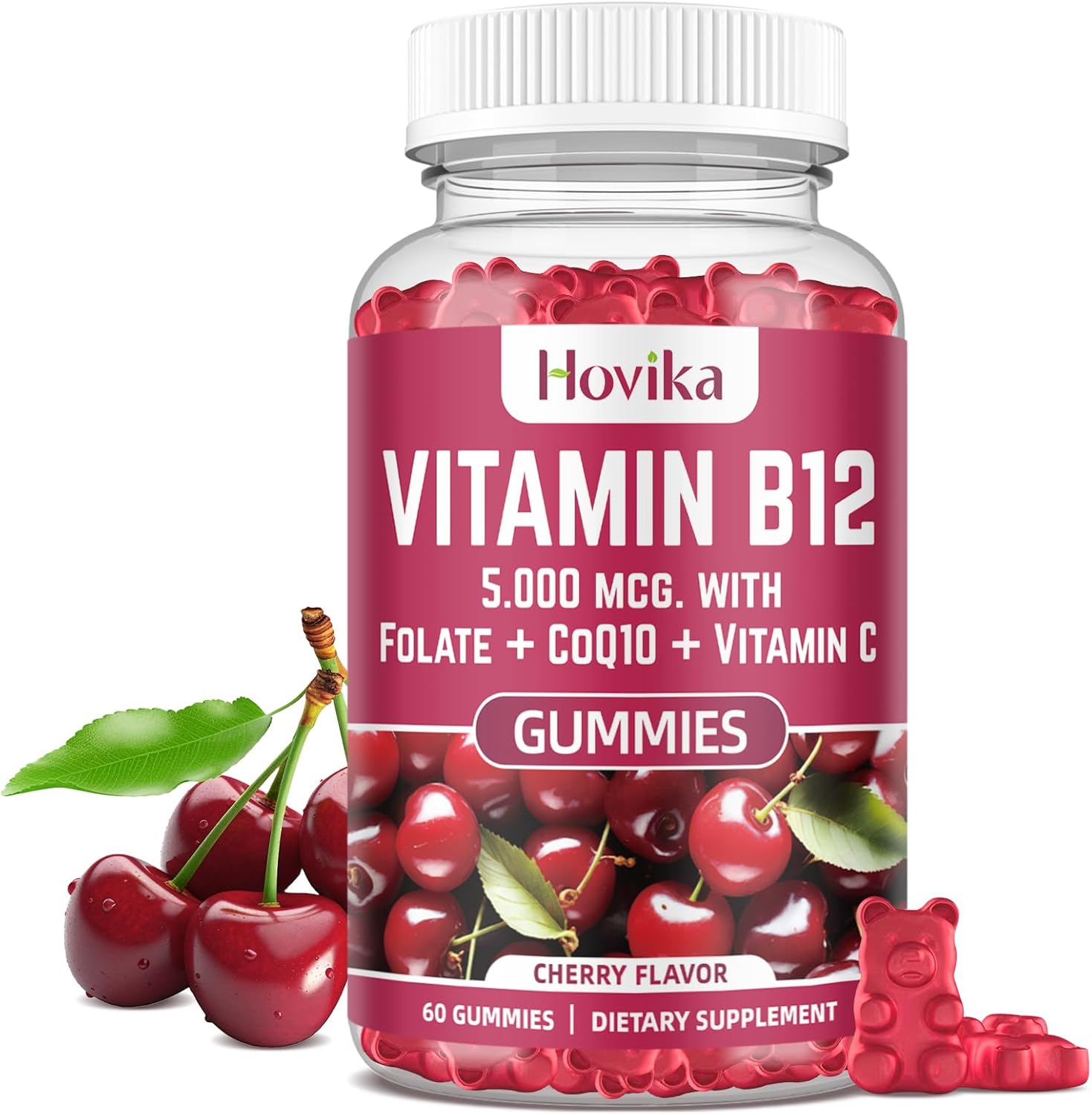Vitamin B12 Complex 5000 mcg Chewable Tablets with Coenzyme Q10, Folate, and Vitamin C for Energy, Metabolism, and Bone Health - Cherry Flavor