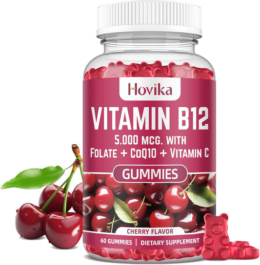 Vitamin B12 Complex 5000 mcg Chewable Tablets with Coenzyme Q10, Folate, and Vitamin C for Energy, Metabolism, and Bone Health - Cherry Flavor
