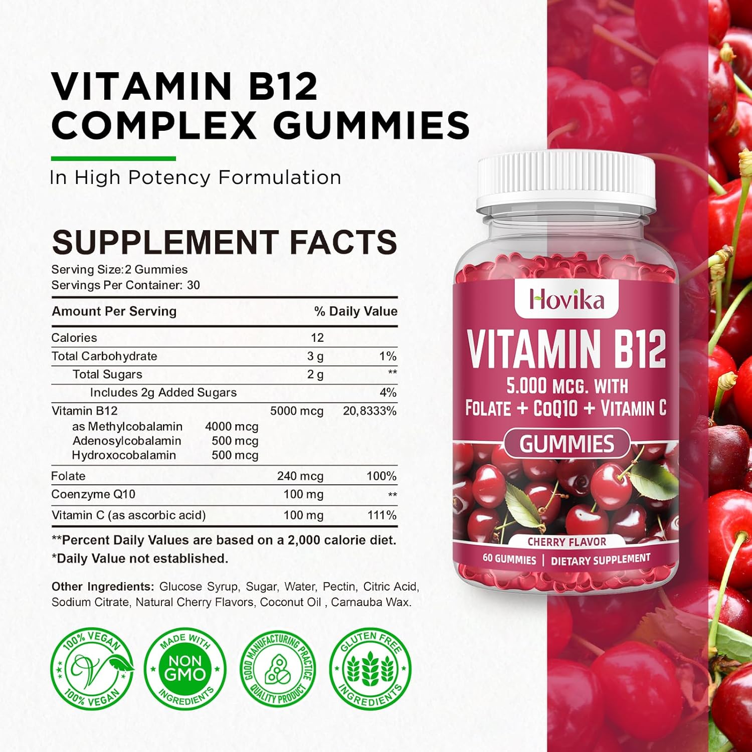 Vitamin B12 Complex 5000 mcg Chewable Tablets with Coenzyme Q10, Folate, and Vitamin C for Energy, Metabolism, and Bone Health - Cherry Flavor