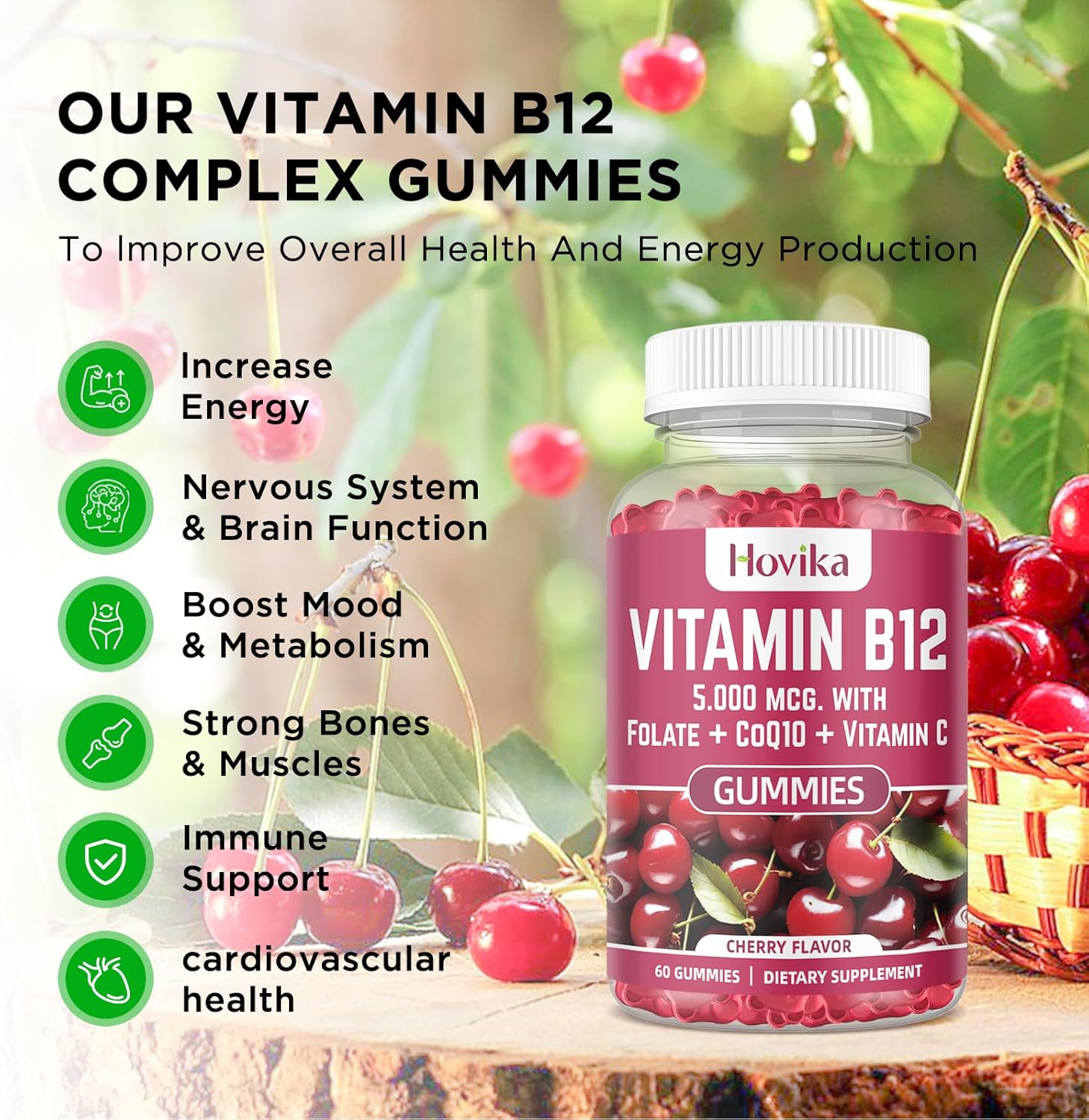 Vitamin B12 Complex 5000 mcg Chewable Tablets with Coenzyme Q10, Folate, and Vitamin C for Energy, Metabolism, and Bone Health - Cherry Flavor