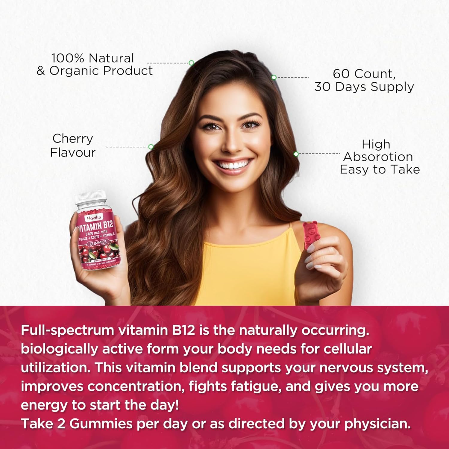 Vitamin B12 Complex 5000 mcg Chewable Tablets with Coenzyme Q10, Folate, and Vitamin C for Energy, Metabolism, and Bone Health - Cherry Flavor