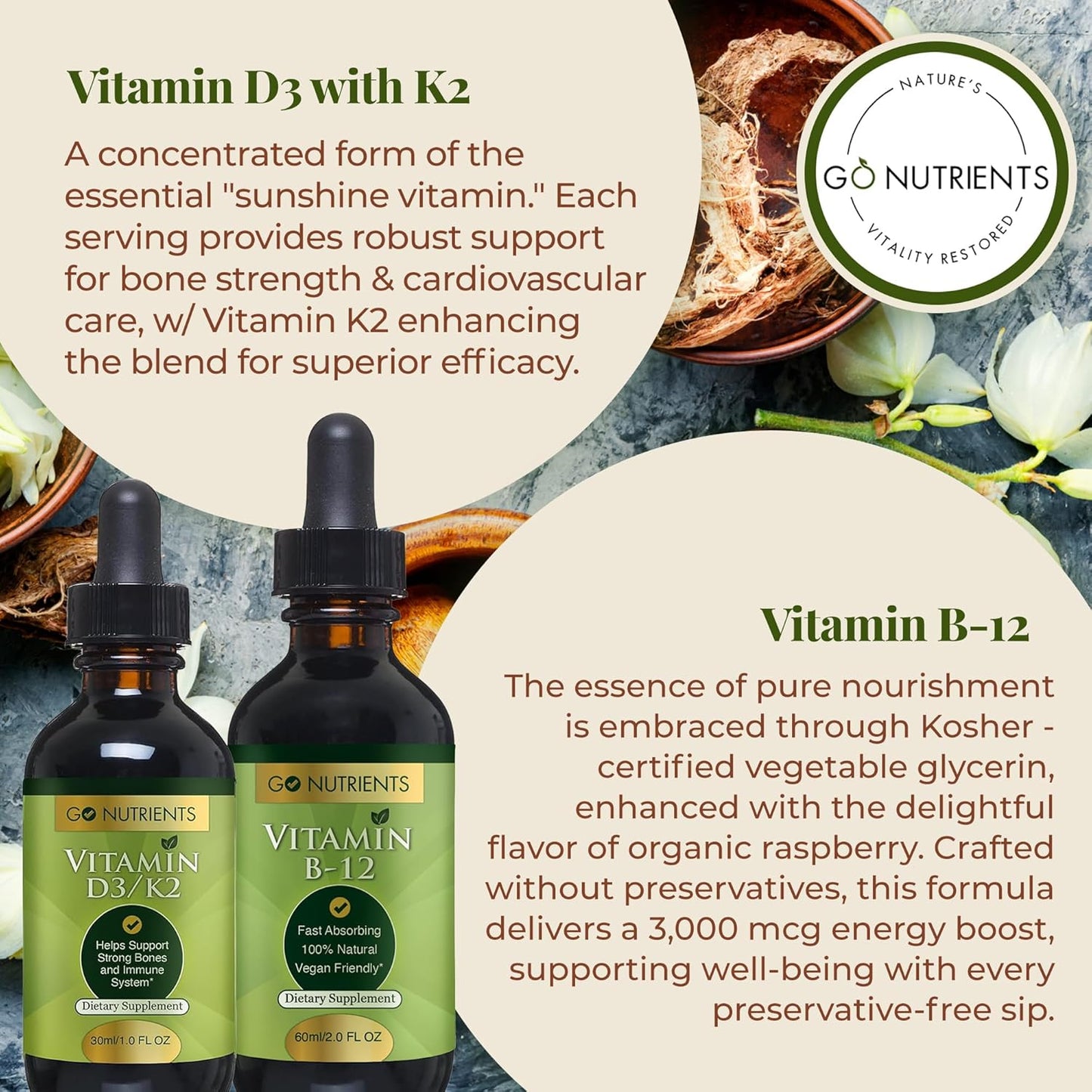Vitamin B12 & D3 with K2 Liquid Drops Bundle | Liquid B12 Drops 2oz | Liquid D3 Drops 1oz | Non-GMO, Preservative-Free