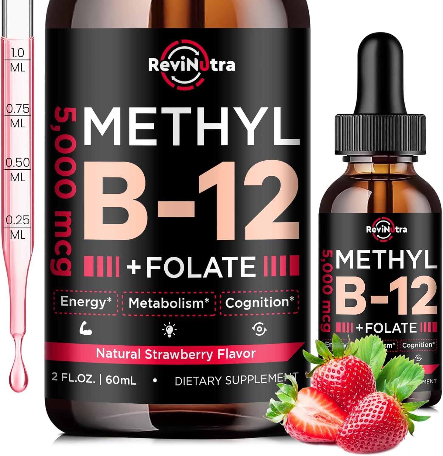 Vitamin B12 Liquid Drops - 5000 mcg B Complex Supplement with Methylcobalamin - Vegan Strawberry Flavor - Energy, Brain, Heart Health - 2 Fl Oz