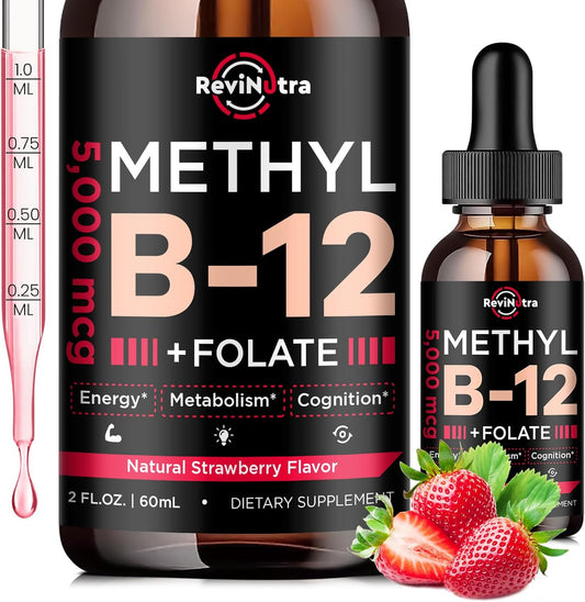 Vitamin B12 Liquid Drops - 5000 mcg B Complex Supplement with Methylcobalamin - Vegan Strawberry Flavor - Energy, Brain, Heart Health - 2 Fl Oz