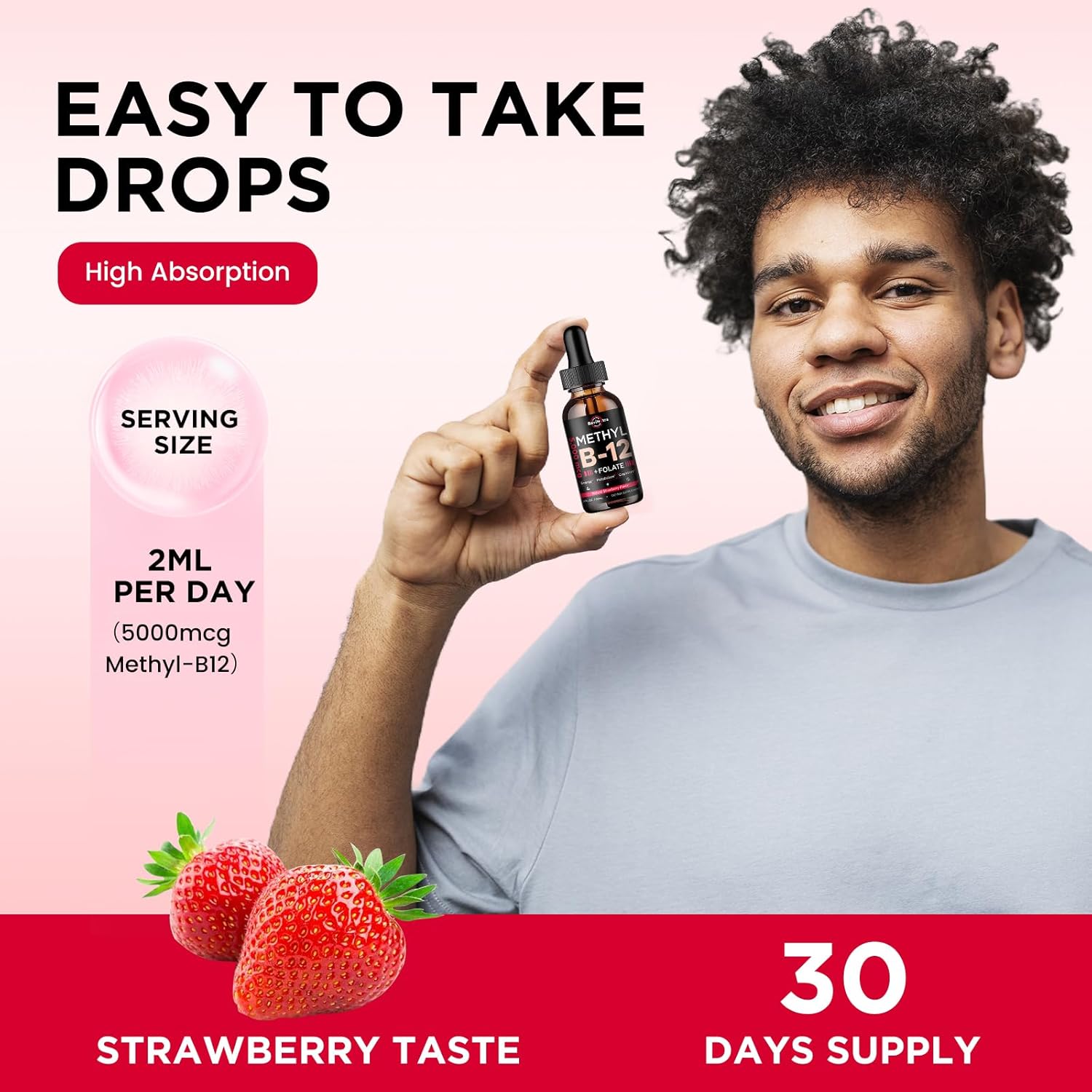 Vitamin B12 Liquid Drops - 5000 mcg B Complex Supplement with Methylcobalamin - Vegan Strawberry Flavor - Energy, Brain, Heart Health - 2 Fl Oz