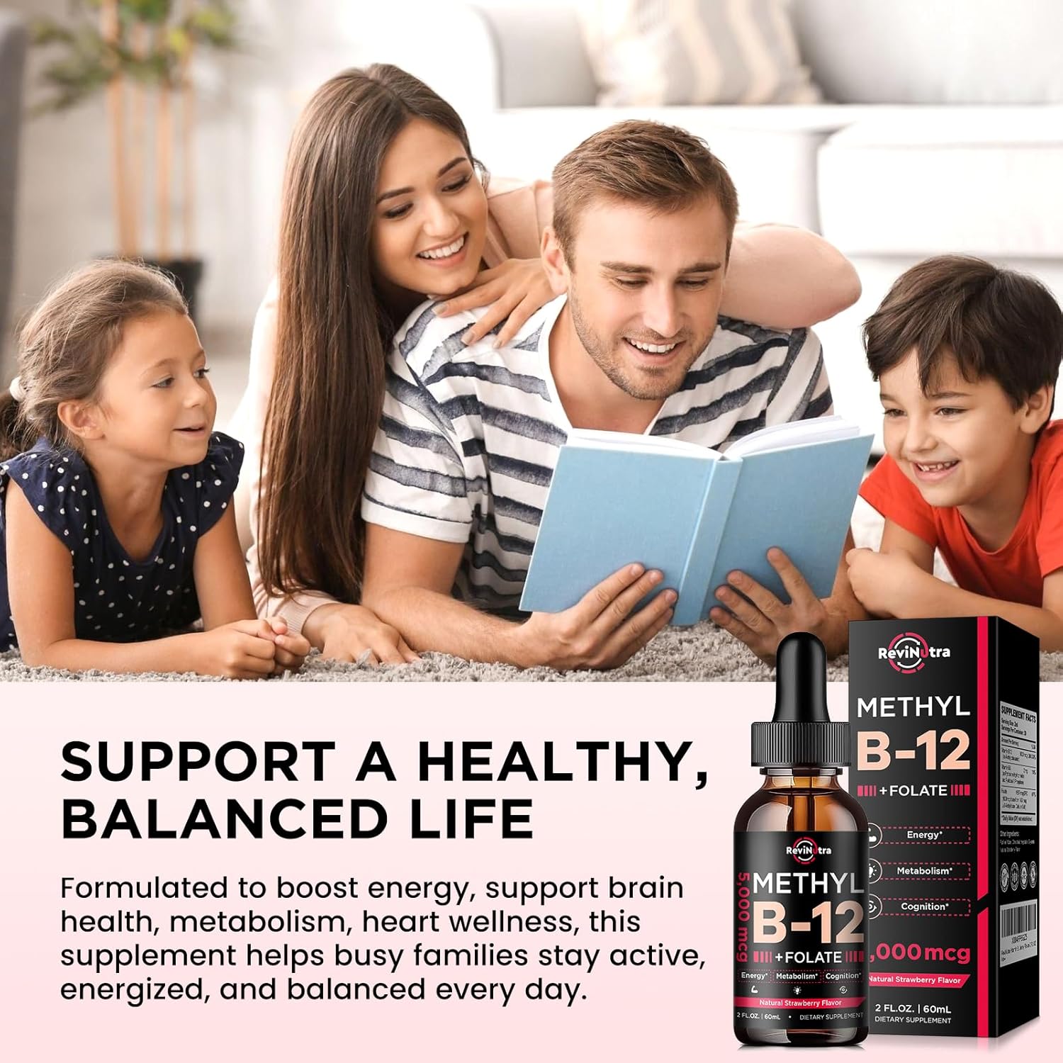 Vitamin B12 Liquid Drops - 5000 mcg B Complex Supplement with Methylcobalamin - Vegan Strawberry Flavor - Energy, Brain, Heart Health - 2 Fl Oz