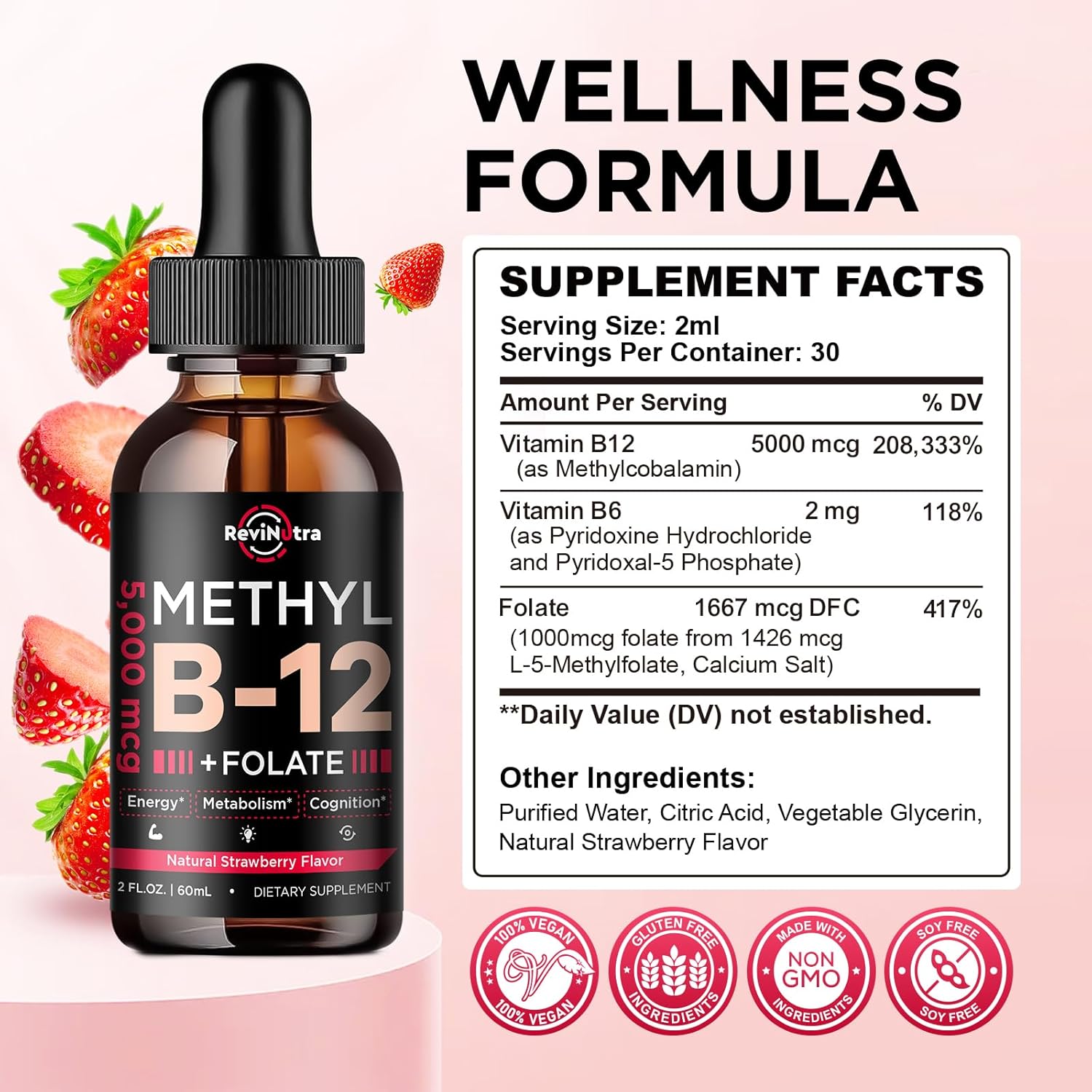 Vitamin B12 Liquid Drops - 5000 mcg B Complex Supplement with Methylcobalamin - Vegan Strawberry Flavor - Energy, Brain, Heart Health - 2 Fl Oz