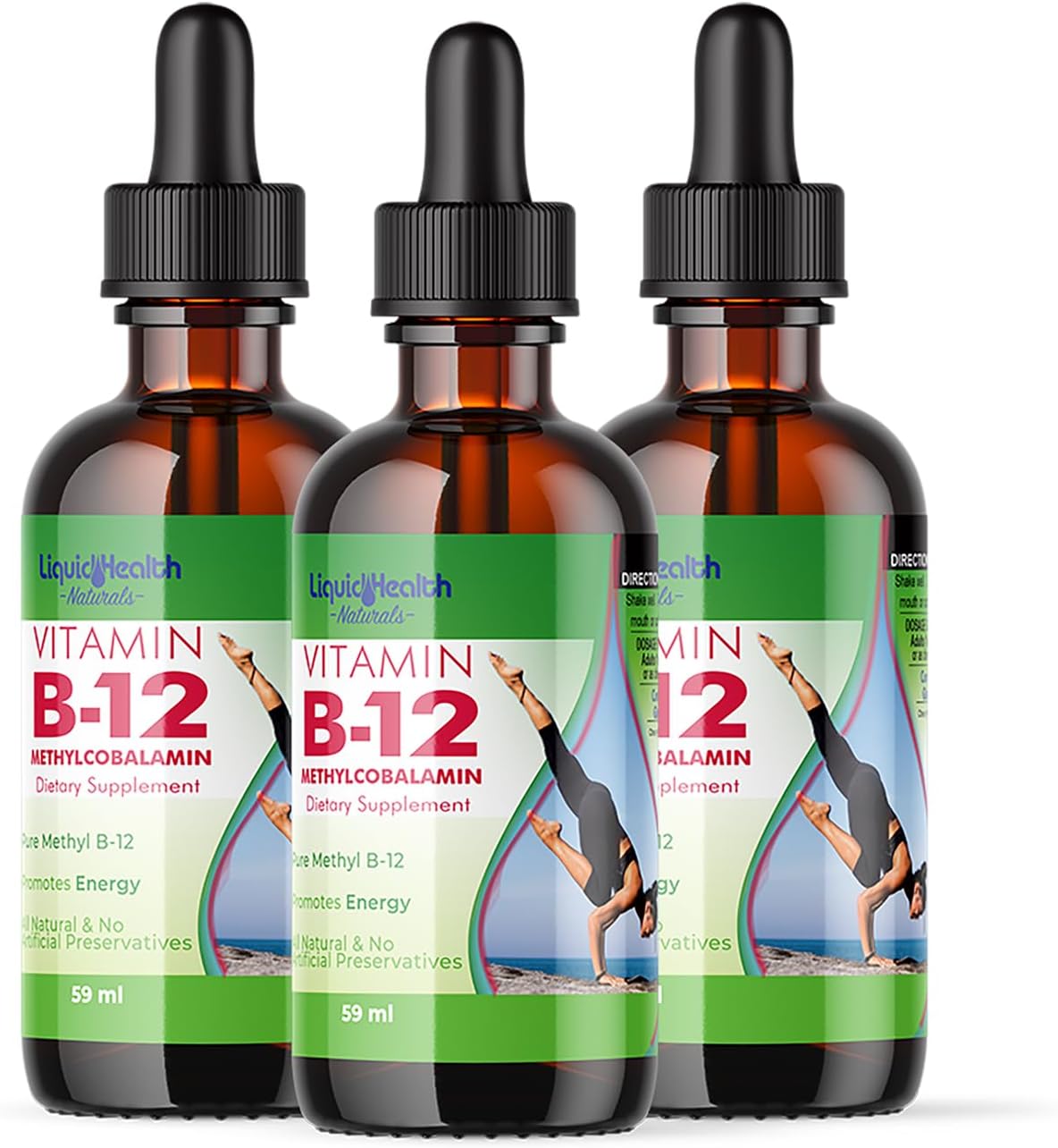 Vitamin B12 Liquid Drops for Energy, Immune Support, Memory & Concentration - Vegan, Sugar Free (3 Pack)