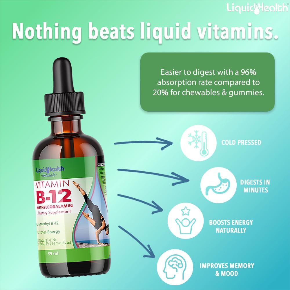 Vitamin B12 Liquid Drops for Energy, Immune Support, Memory & Concentration - Vegan, Sugar Free (3 Pack)