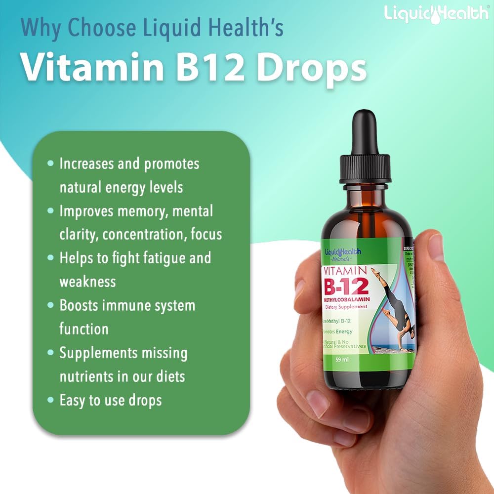 Vitamin B12 Liquid Drops for Energy, Immune Support, Memory & Concentration - Vegan, Sugar Free (3 Pack)