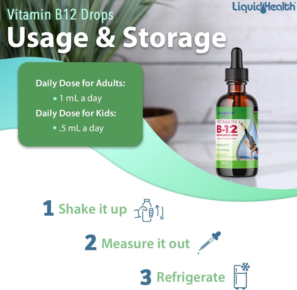 Vitamin B12 Liquid Drops for Energy, Immune Support, Memory & Concentration - Vegan, Sugar Free (3 Pack)