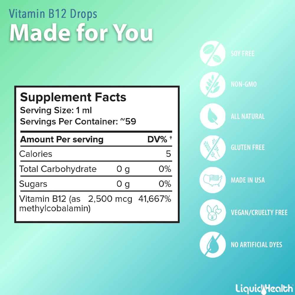 Vitamin B12 Liquid Drops for Energy, Immune Support, Memory & Concentration - Vegan, Sugar Free (3 Pack)