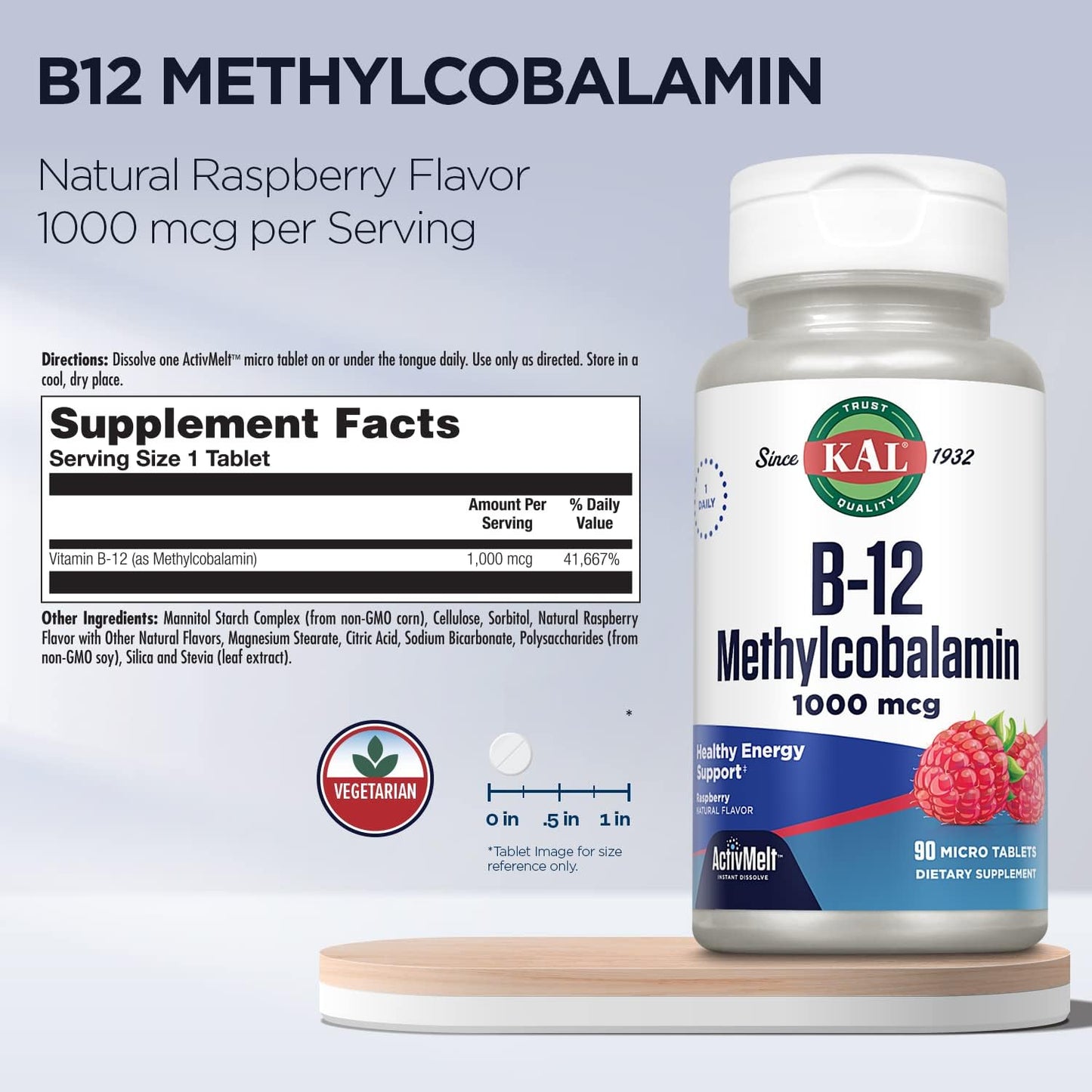 Vitamin B12 Methylcobalamin 1000mcg Fast Dissolve ActivMelt - Raspberry Flavor, Energy & Metabolism Support, 90 Servings