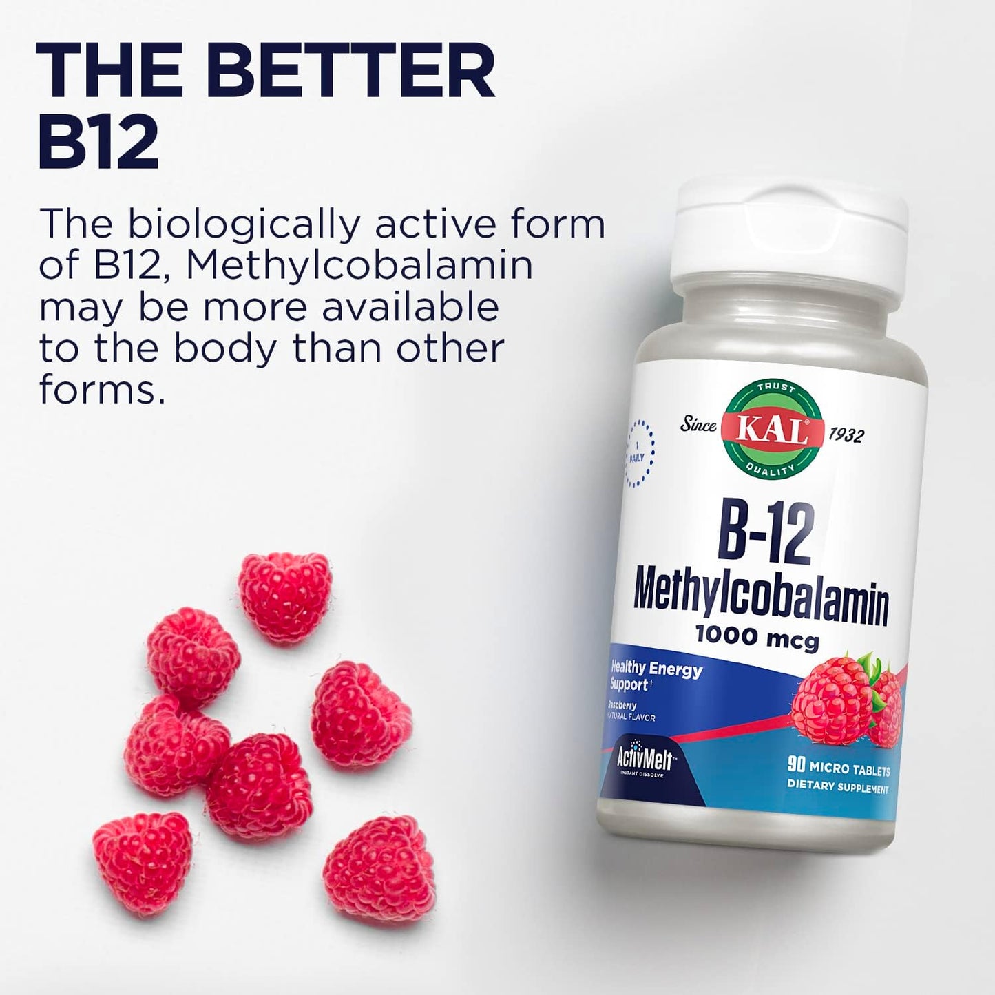Vitamin B12 Methylcobalamin 1000mcg Fast Dissolve ActivMelt - Raspberry Flavor, Energy & Metabolism Support, 90 Servings