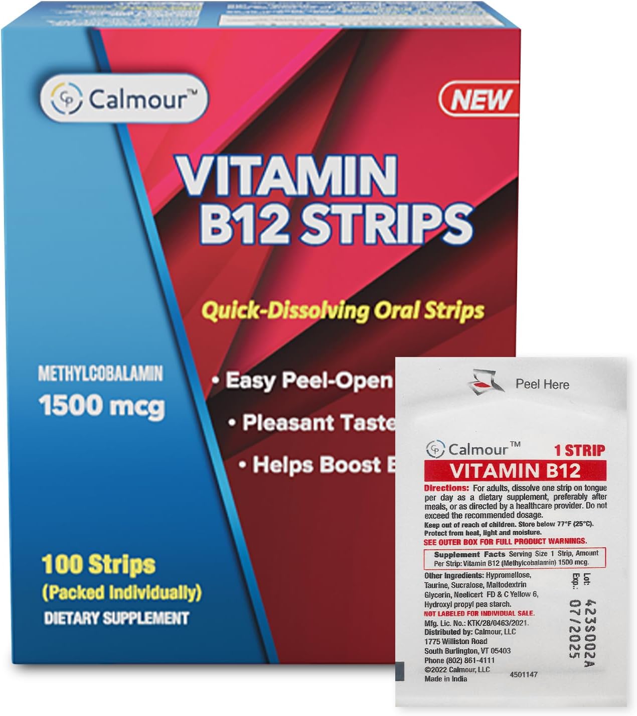 Vitamin B12 Oral Dissolvable Strips 100 Pack | Mint Flavored | 1500 mcg | Methylcobalamin Formula | Vegan & Gluten Free