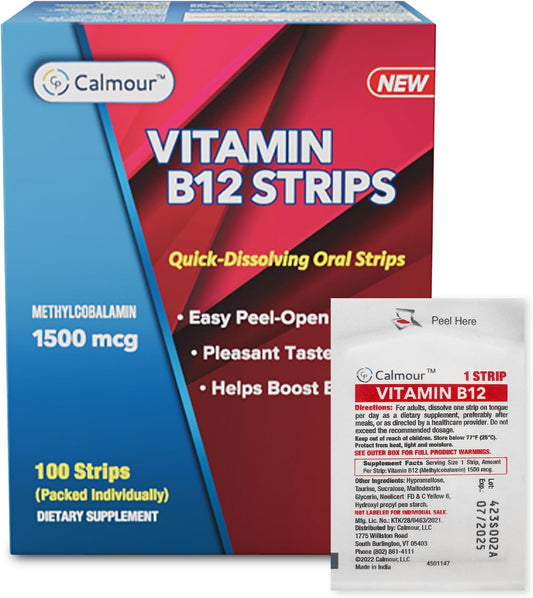 Vitamin B12 Oral Dissolvable Strips 100 Pack | Mint Flavored | 1500 mcg | Methylcobalamin Formula | Vegan & Gluten Free
