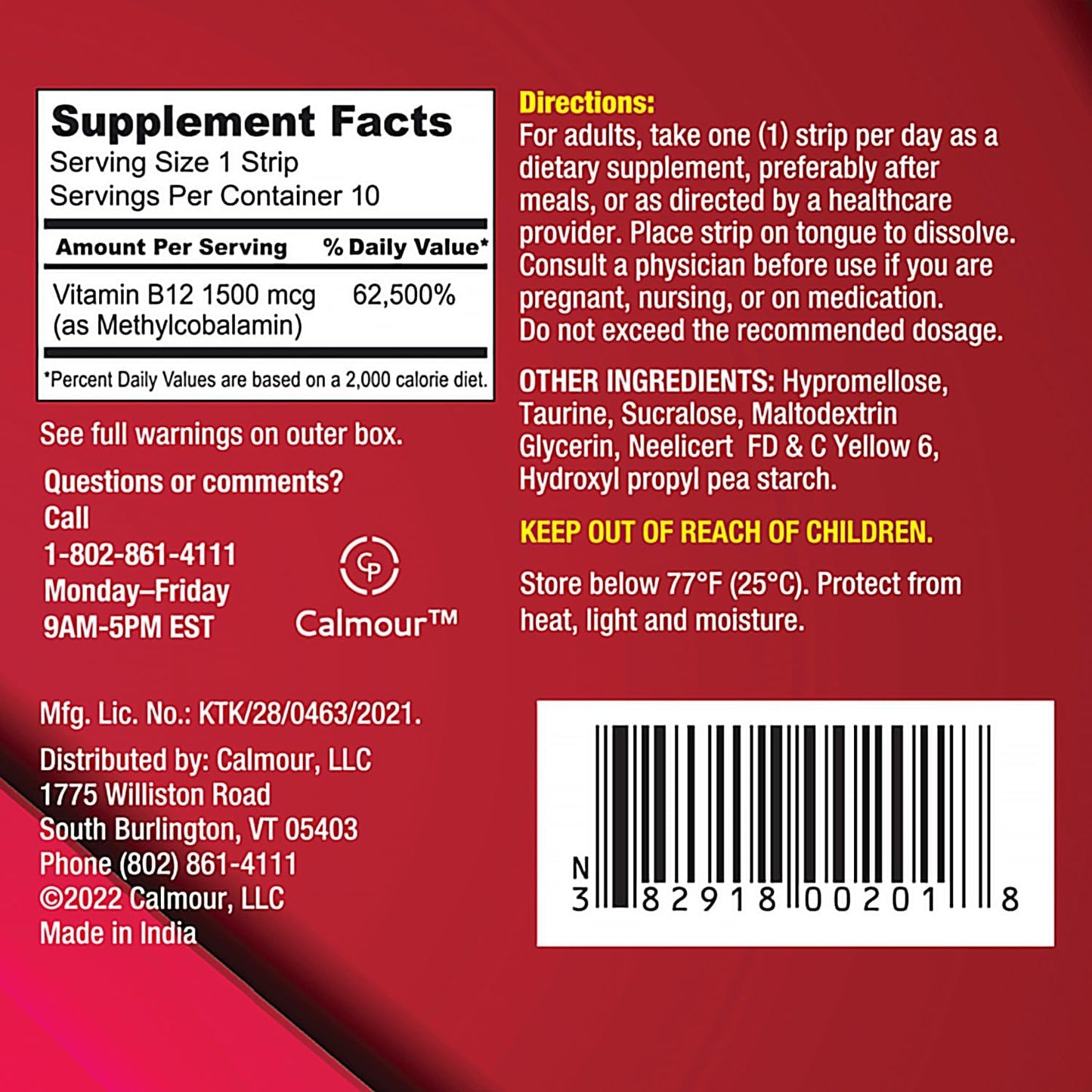 Vitamin B12 Oral Dissolvable Strips 100 Pack | Mint Flavored | 1500 mcg | Methylcobalamin Formula | Vegan & Gluten Free