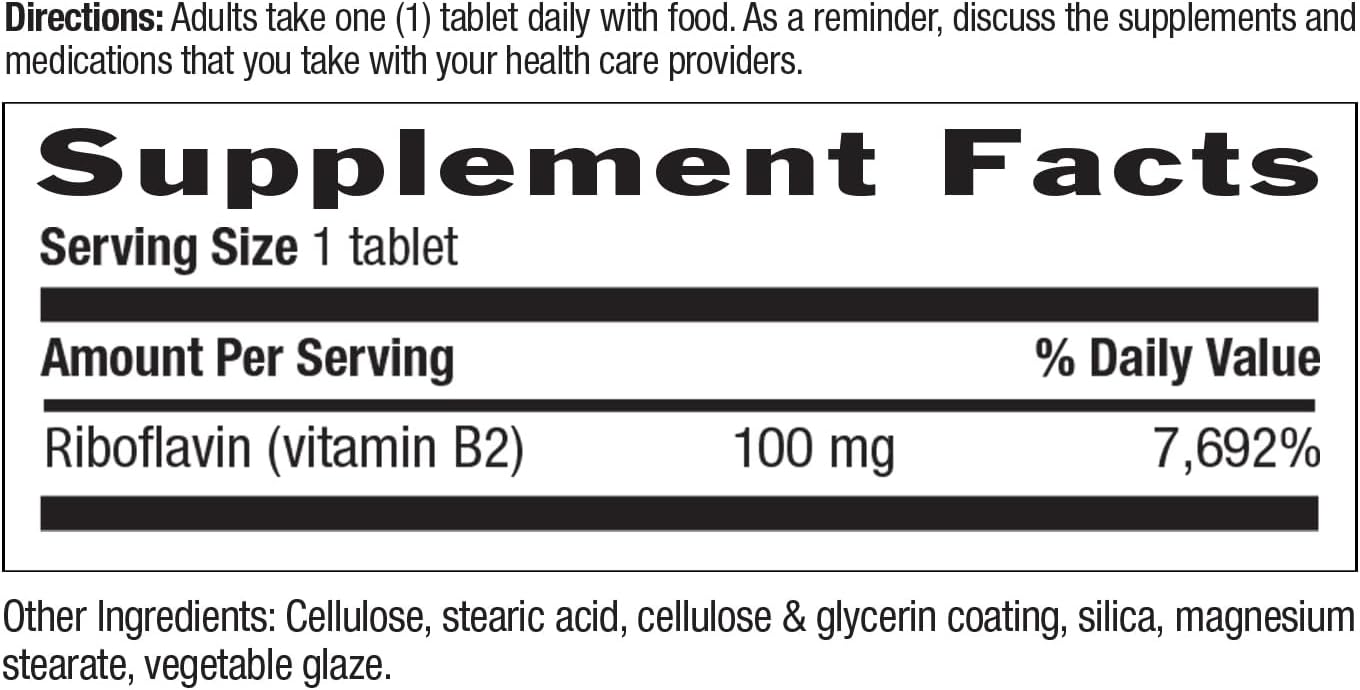 Vitamin B2 100mg Riboflavin Supplement for Energy & Cell Function - Gluten-Free, Vegan, Kosher, Halal - 100 Count Bottle with No Preservatives, GMOs, or Artificial Flavors