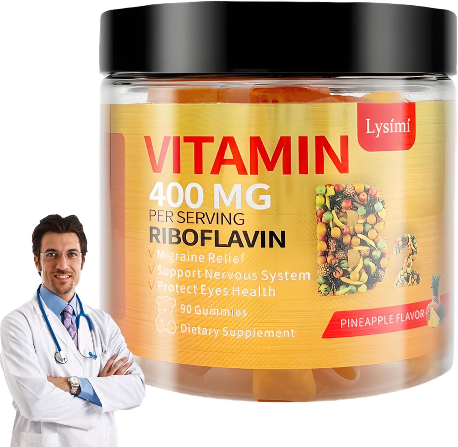 Vitamin B2 Gummies with Riboflavin 400mg, Magnesium, CoQ10 for Migraine & Headache Relief - 90 Pineapple Flavored Chewables for Kids & Adults