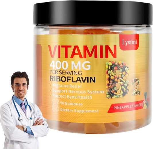 Vitamin B2 Gummies with Riboflavin 400mg, Magnesium, CoQ10 for Migraine & Headache Relief - 90 Pineapple Flavored Chewables for Kids & Adults