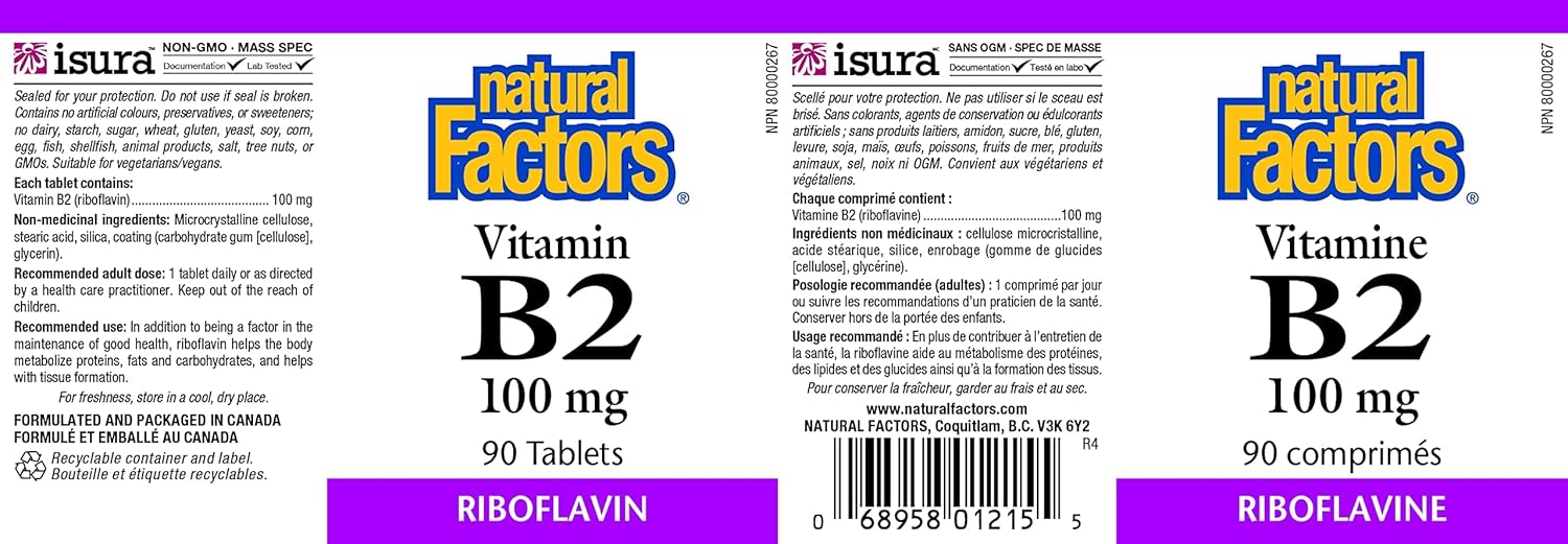 Vitamin B2 Riboflavin 100mg Tablets for Energy & Metabolism Support - 90 Count by Natural Factors