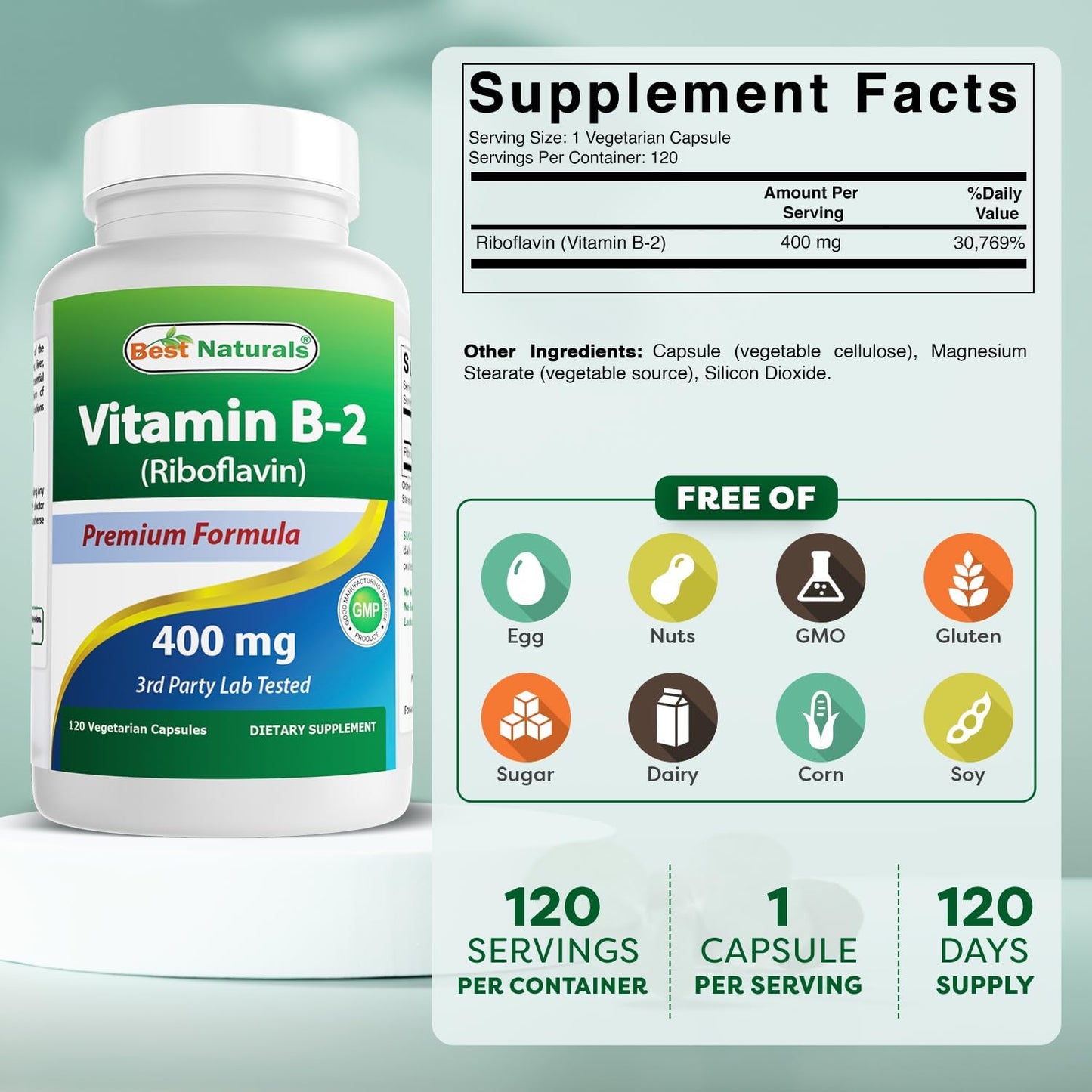 Vitamin B2 (Riboflavin) 400mg Capsules for Migraine Relief - Coenzyme Precursor - 360 Count Veggie Capsules