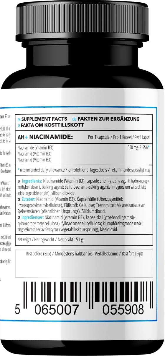 Vitamin B3 (Niacinamide) 500mg - 60 Capsules - Boost Metabolism and Nerve Function - 2 Month Supply