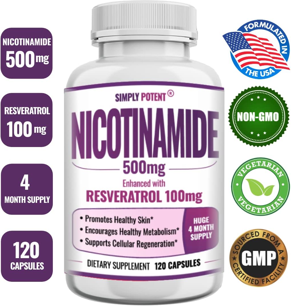 Vitamin B3 Supplement Capsules with Resveratrol for NAD Support & Energy Boost - 120 Vegetarian Capsules