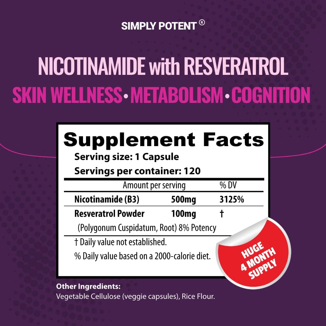 Vitamin B3 Supplement Capsules with Resveratrol for NAD Support & Energy Boost - 120 Vegetarian Capsules