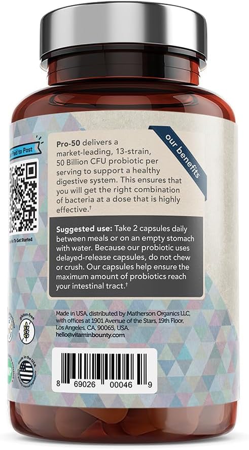 Vitamin Bounty Pro-50 Probiotic with 50 Billion Organisms and 13 Strains - Gut & Digestive Health Support, Delayed Release Capsules with Prebiotic Greens - 120 Capsules