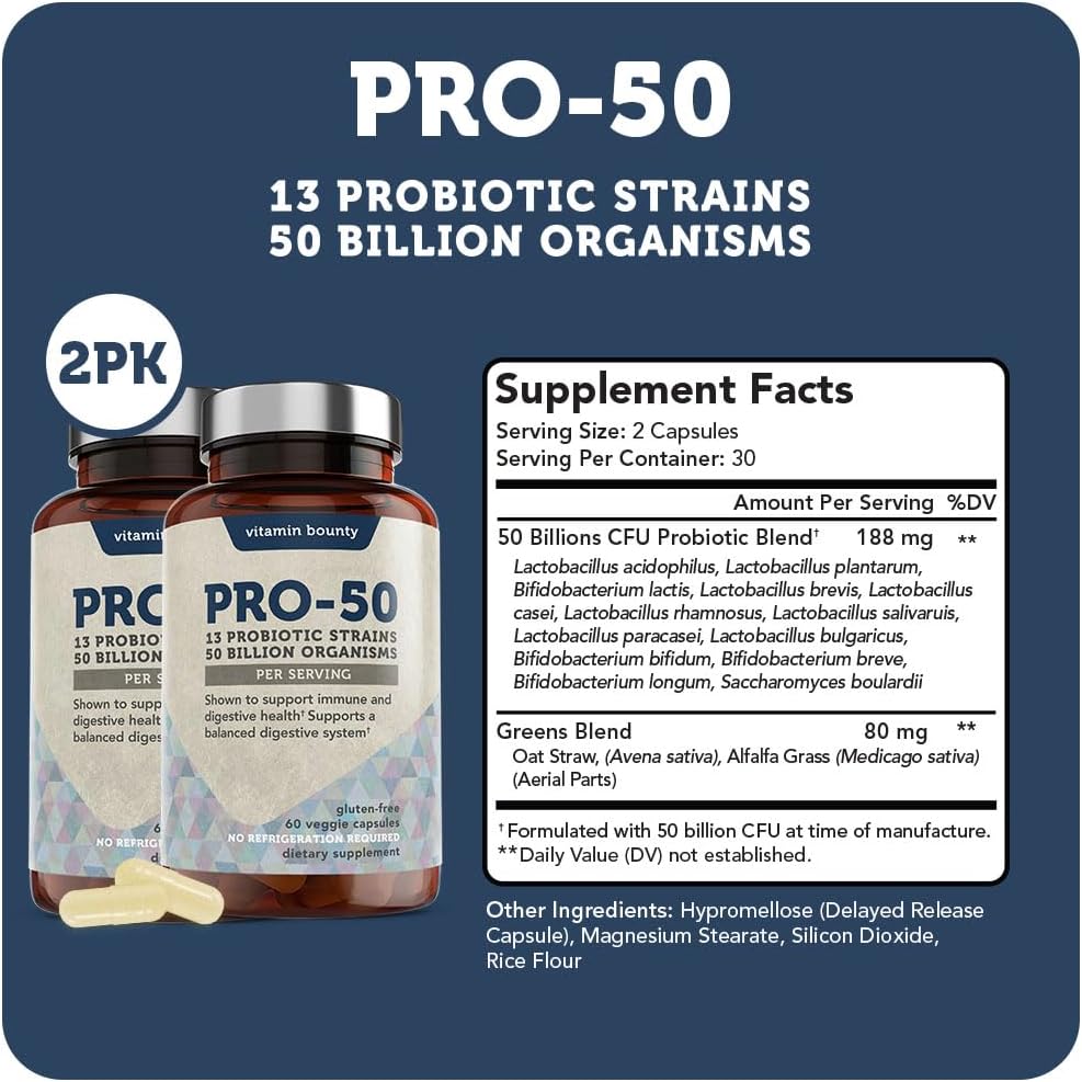Vitamin Bounty Pro-50 Probiotic with 50 Billion Organisms and 13 Strains - Gut & Digestive Health Support, Delayed Release Capsules with Prebiotic Greens - 120 Capsules