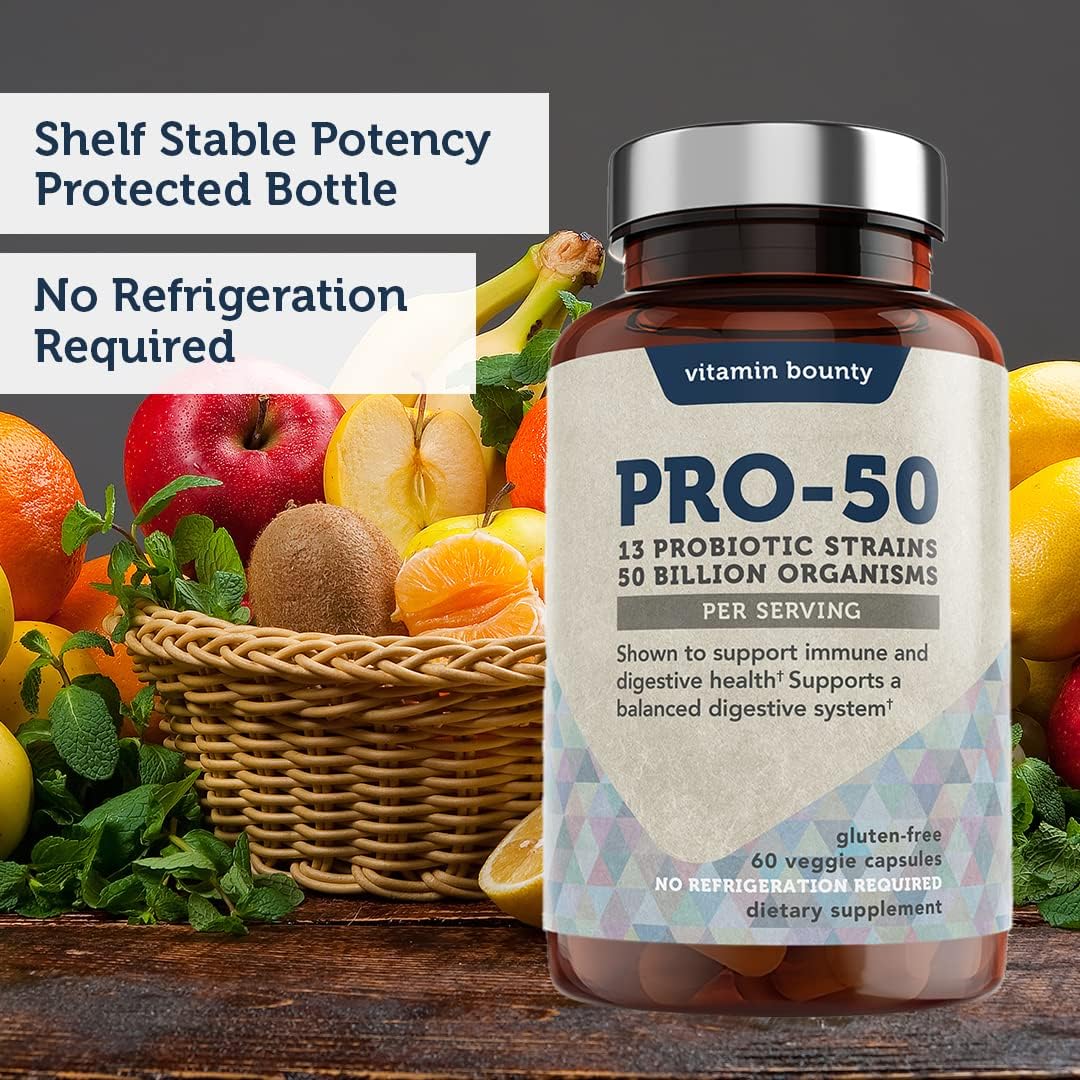 Vitamin Bounty Pro-50 Probiotic with 50 Billion Organisms and 13 Strains - Gut & Digestive Health Support, Delayed Release Capsules with Prebiotic Greens - 120 Capsules