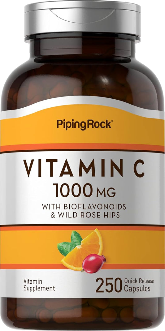 Vitamin C 1000mg Capsules with Bioflavonoids and Rose HIPS - 250 Count | Non-GMO, Gluten Free Supplement by Piping Rock