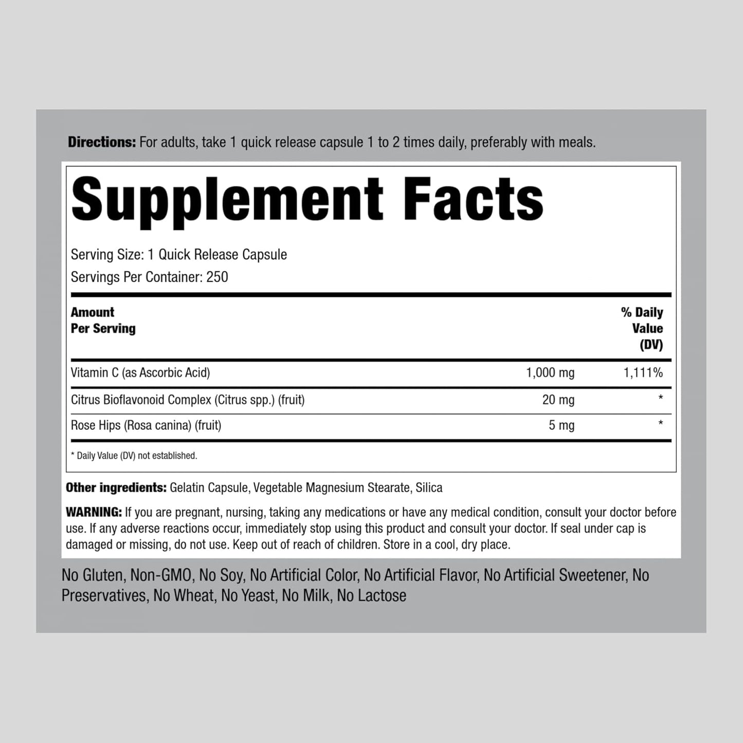 Vitamin C 1000mg Capsules with Bioflavonoids and Rose HIPS - 250 Count | Non-GMO, Gluten Free Supplement by Piping Rock
