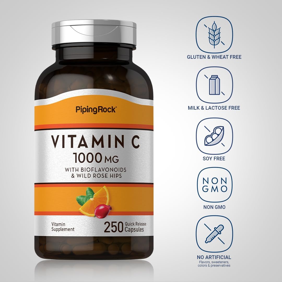 Vitamin C 1000mg Capsules with Bioflavonoids and Rose HIPS - 250 Count | Non-GMO, Gluten Free Supplement by Piping Rock