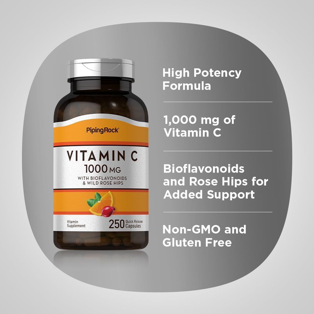 Vitamin C 1000mg Capsules with Bioflavonoids and Rose HIPS - 250 Count | Non-GMO, Gluten Free Supplement by Piping Rock