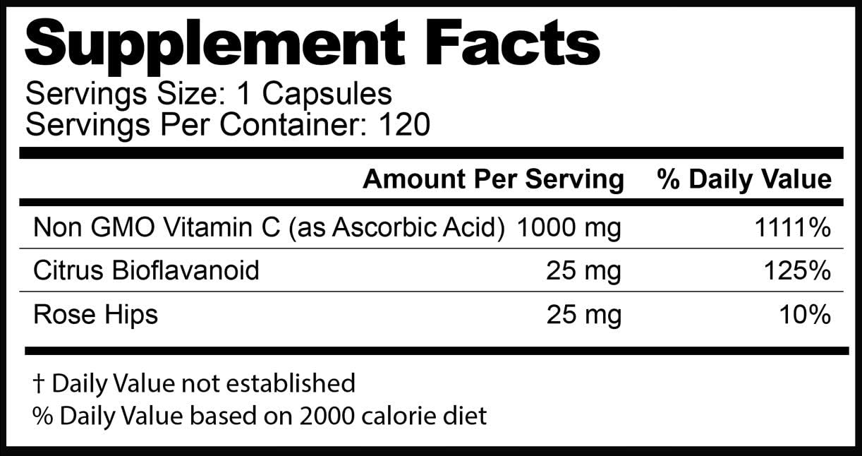 Vitamin C 1000mg Capsules with Rose HIPS & Bioflavonoids for Immune Support, Skin, & Joints - Non-Acidic SummerSculpt Formula, 120 Count