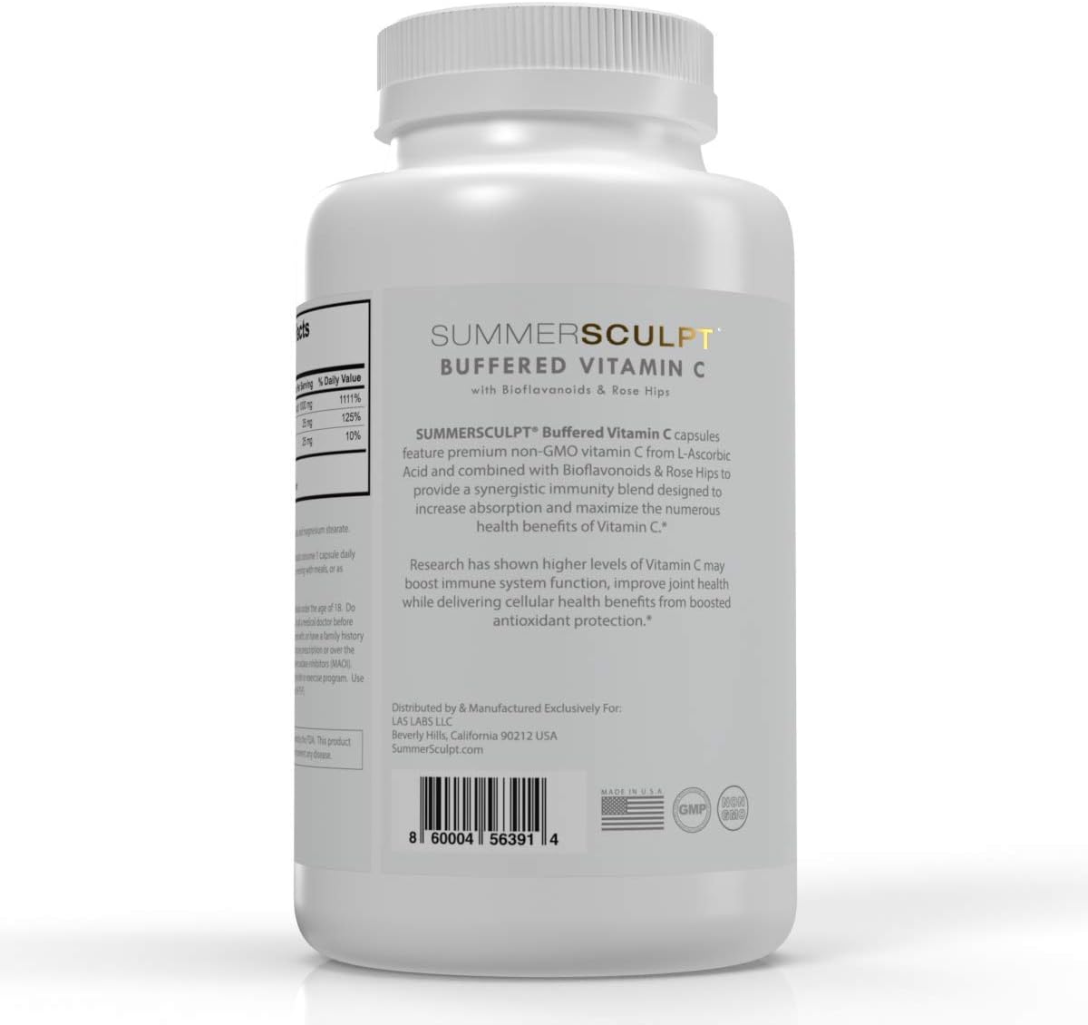 Vitamin C 1000mg Capsules with Rose HIPS & Bioflavonoids for Immune Support, Skin, & Joints - Non-Acidic SummerSculpt Formula, 120 Count