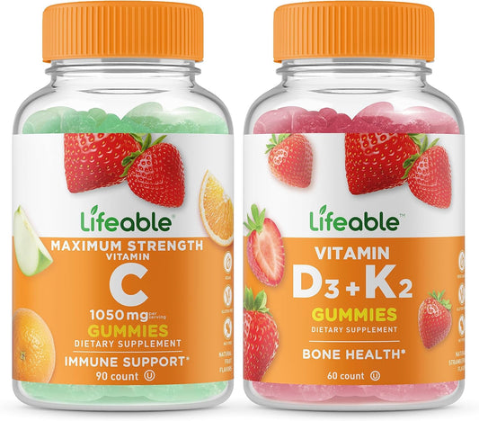 Vitamin C 1050mg + Vitamin D3 + Vitamin K2 Gummies Bundle - Gluten Free Chewable Supplement, Great Taste