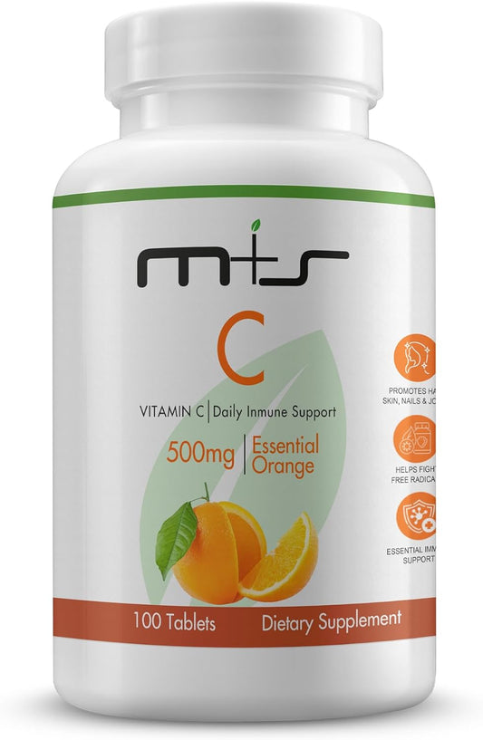 Vitamin C 500mg Tablets for Immune Support, Hair, Skin, Nails, and Joints - Vegan, Sugar Free - Orange Flavor - 100 Count
