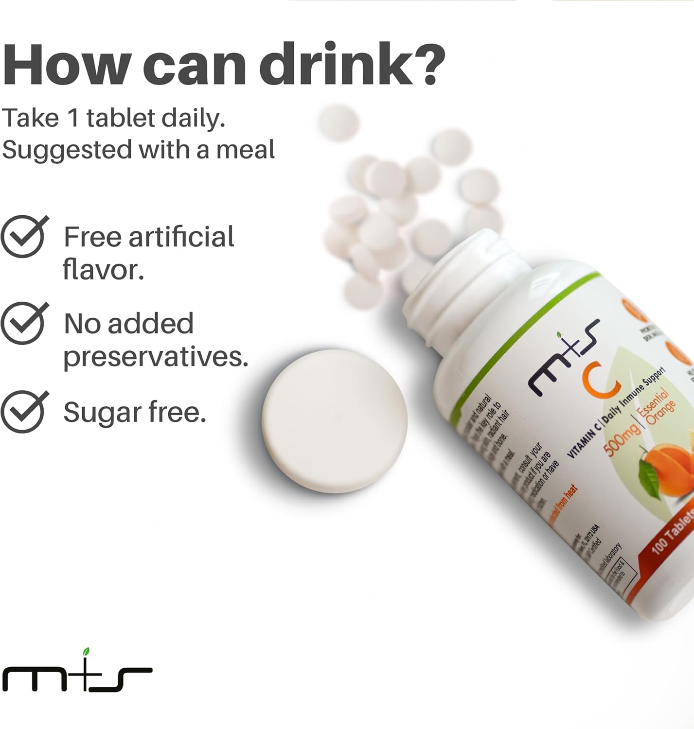 Vitamin C 500mg Tablets for Immune Support, Hair, Skin, Nails, and Joints - Vegan, Sugar Free - Orange Flavor - 100 Count