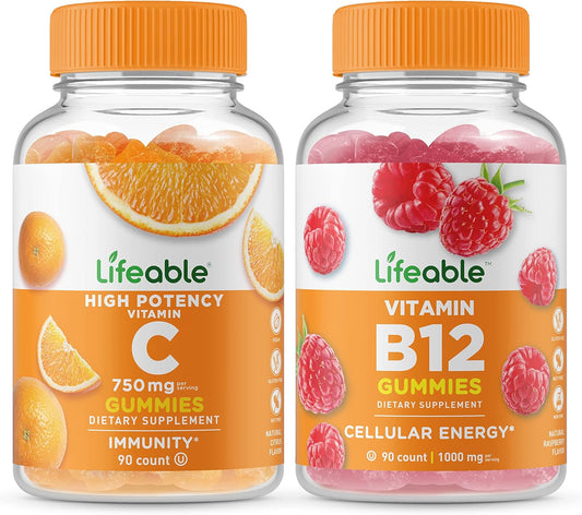 Vitamin C 750mg + Vitamin B12 Gummies Bundle - Tasty Chewable Supplement, Gluten Free & GMO Free