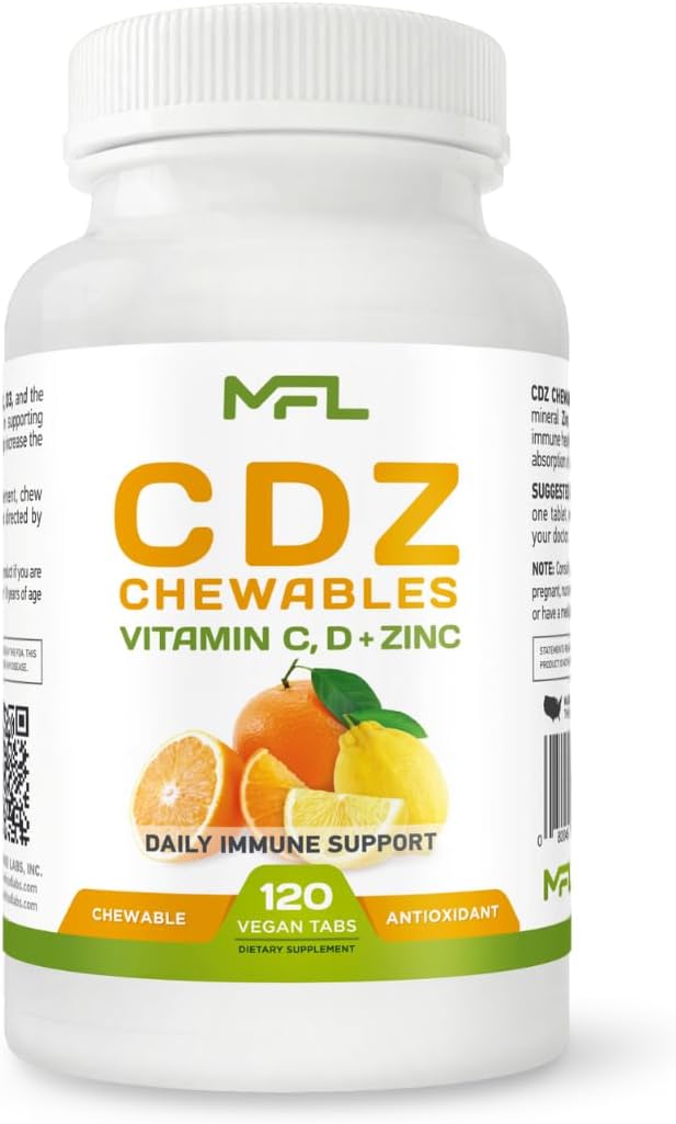Vitamin C D Zinc Chewables - 1000mg C, D3, Zinc - Non-GMO, Gluten Free - 120 Vegetarian Tablets
