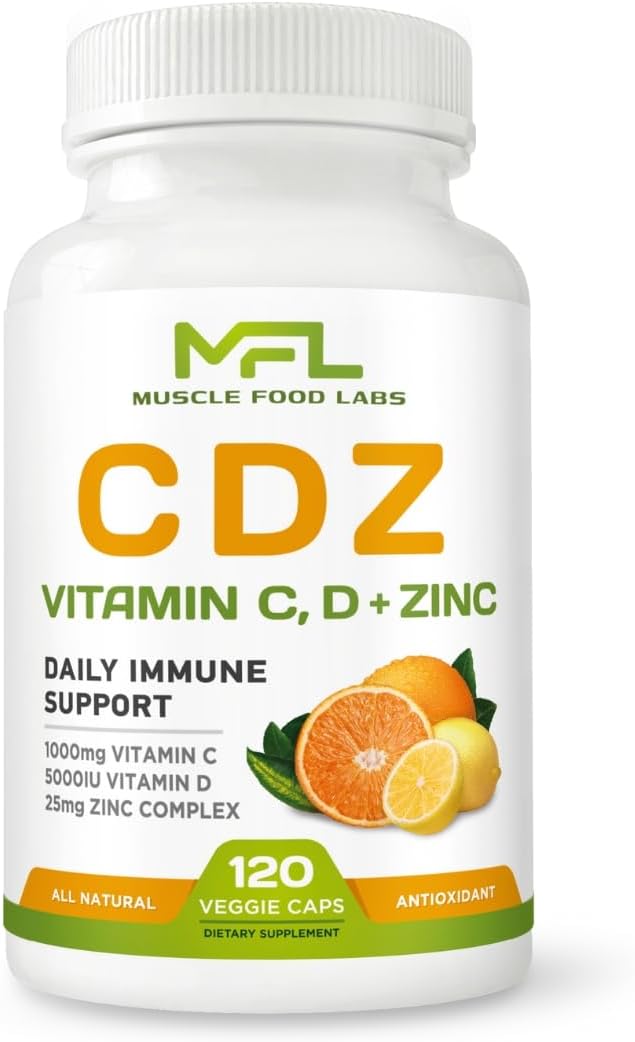 Vitamin C, D3, Zinc Supplement - 1000mg C, Veggie Caps, Non-GMO, Gluten Free - 120 Servings, Vegan Friendly
