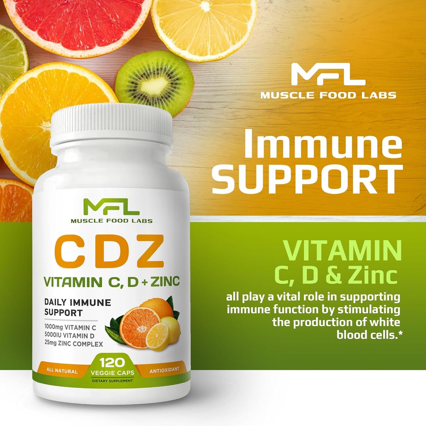Vitamin C, D3, Zinc Supplement - 1000mg C, Veggie Caps, Non-GMO, Gluten Free - 120 Servings, Vegan Friendly