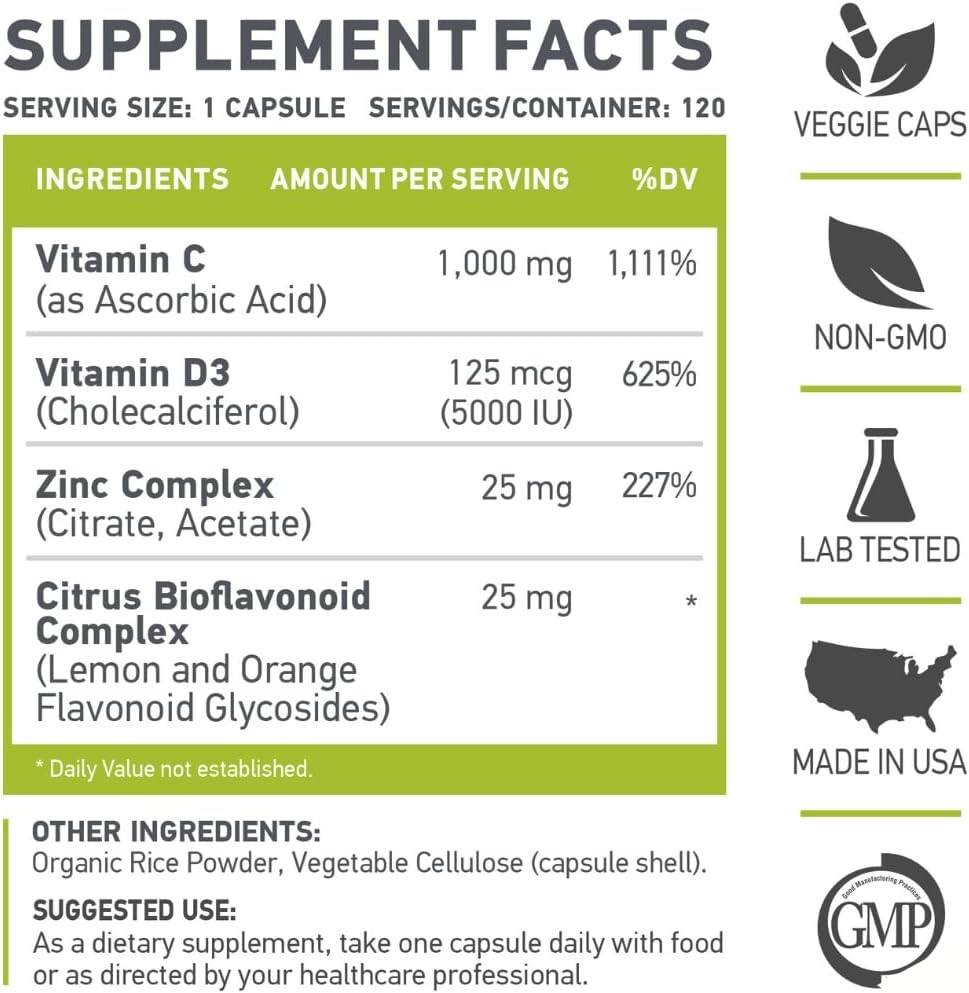 Vitamin C, D3, Zinc Supplement - 1000mg C, Veggie Caps, Non-GMO, Gluten Free - 120 Servings, Vegan Friendly