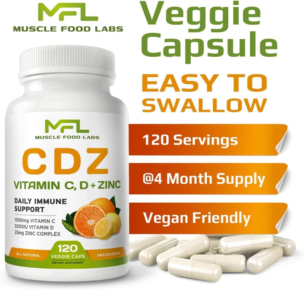 Vitamin C, D3, Zinc Supplement - 1000mg C, Veggie Caps, Non-GMO, Gluten Free - 120 Servings, Vegan Friendly